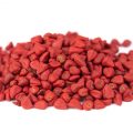 Annatto seeds, isolated on white background. Achiote seeds, bixa orellana. Natural dye for cooking and food. Close-up.